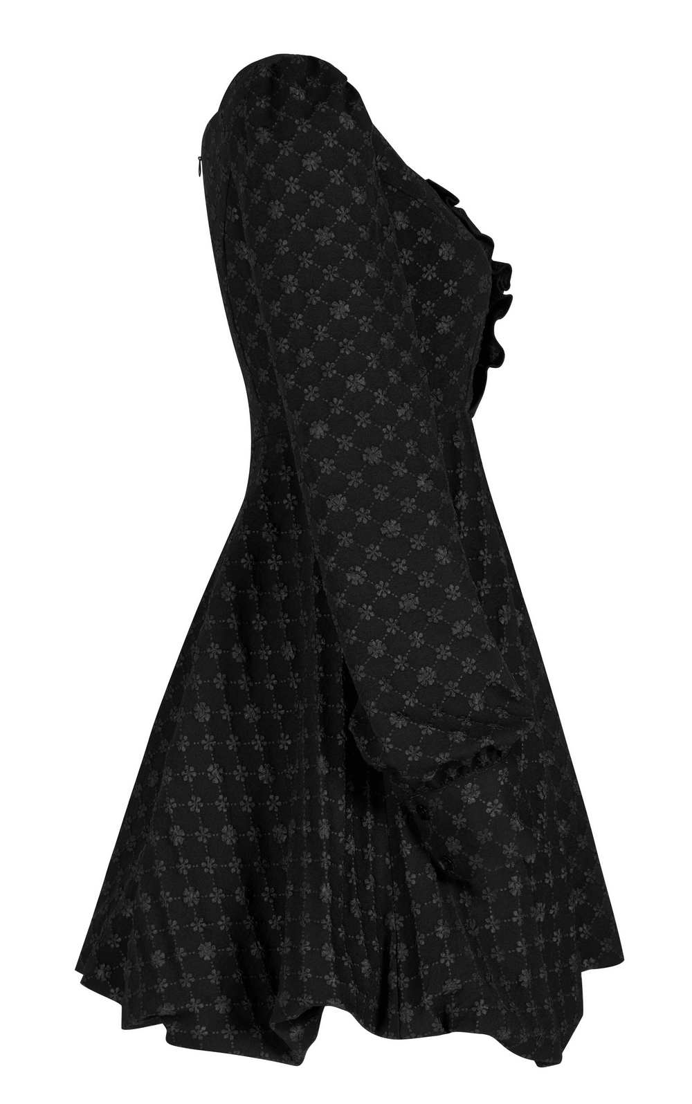 Side view of a lightweight Floral Jacquard Square-Neck Dress in black with ruffles and a playful flowy cut.
