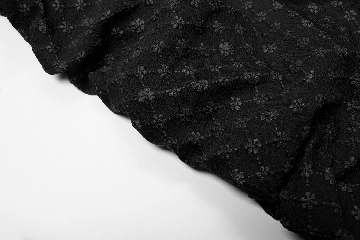 Close-up of a black floral jacquard fabric showcasing intricate flower patterns and texture.