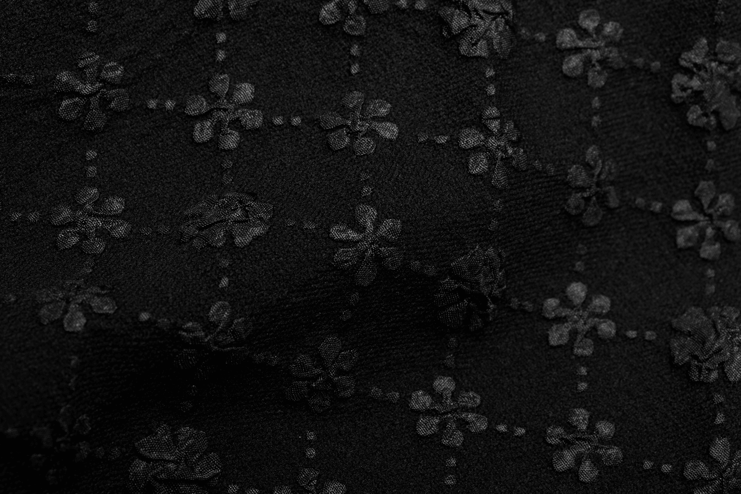 Close-up of black floral jacquard fabric with textured flower patterns, perfect for elegant dress designs.