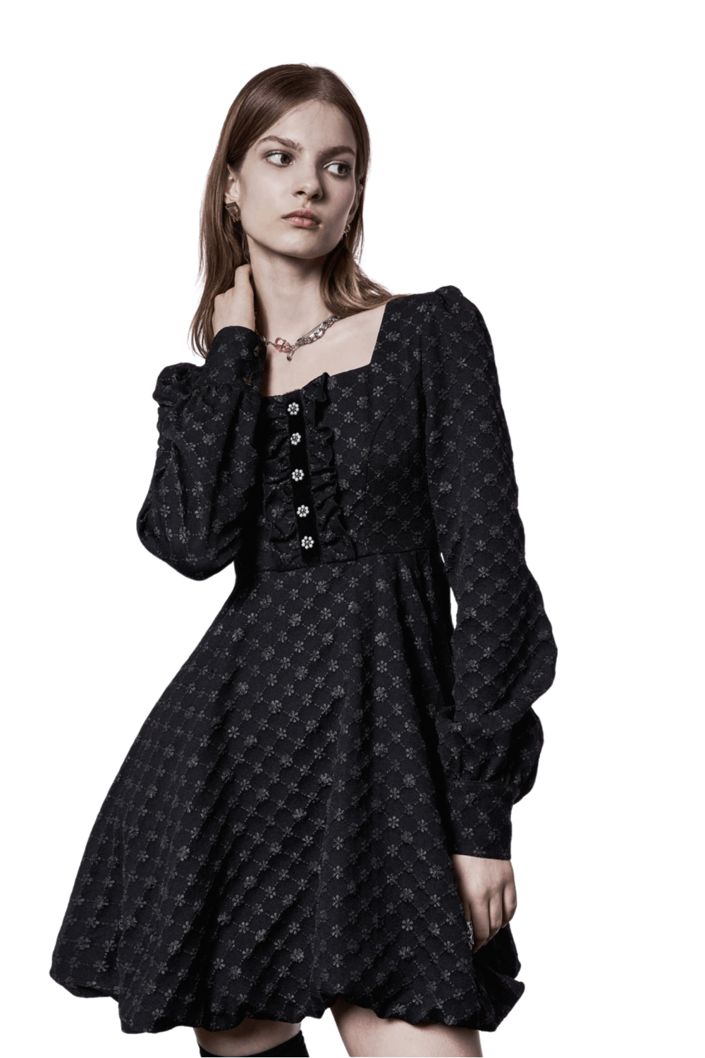 Model showcasing a Floral Jacquard Square-Neck Dress with pearl details and button embellishments.