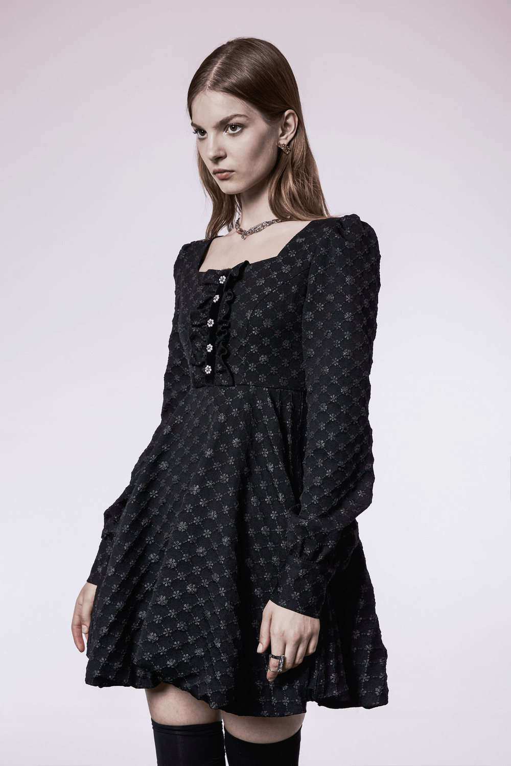 Floral Jacquard Square-Neck Dress with Pearl Detail