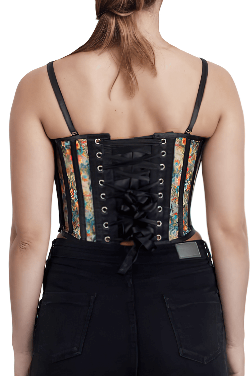 Back view of floral mesh overbust corset showcasing steel boning, adjustable lacing, and vintage-inspired design.