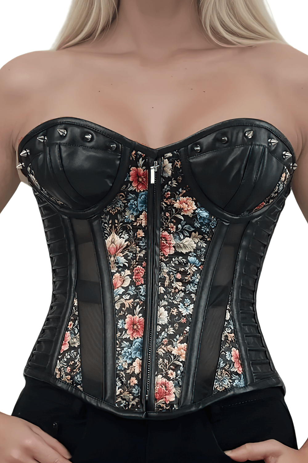 Floral Overbust Corset with Faux Leather and Mesh Panels featuring vibrant floral print and steel boning.