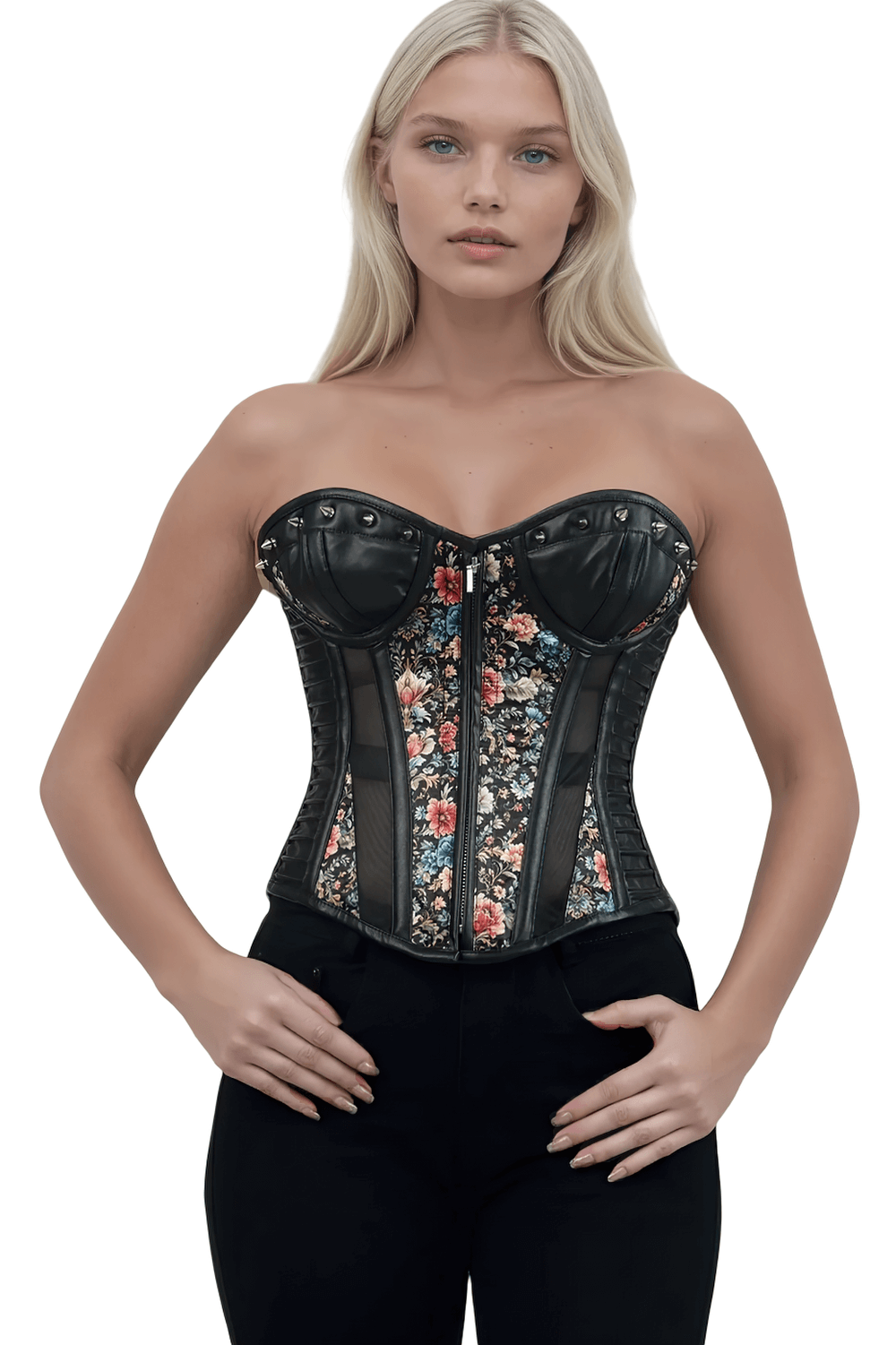 Floral Overbust Corset with Faux Leather and Mesh Panels worn by a model showcasing its vintage floral design.