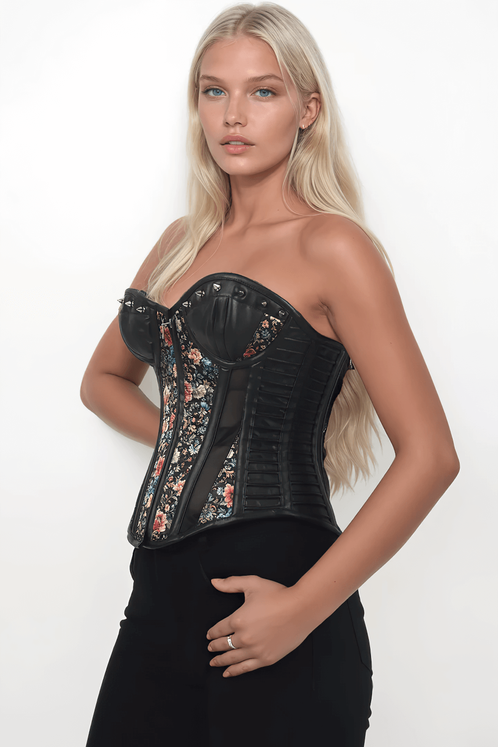 Floral Overbust Corset with Faux Leather and Mesh Panels model wearing a vintage floral print corset with steel boning