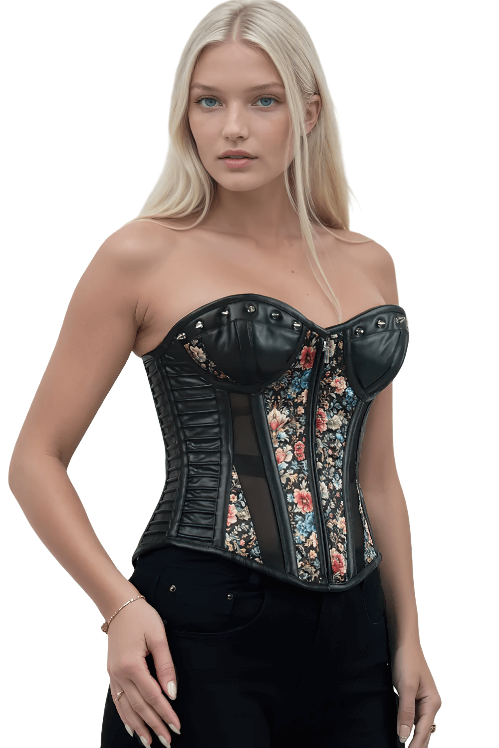 Floral Overbust Corset with Faux Leather and Mesh Panels showcasing vintage floral print and steel boning for style and comfort.