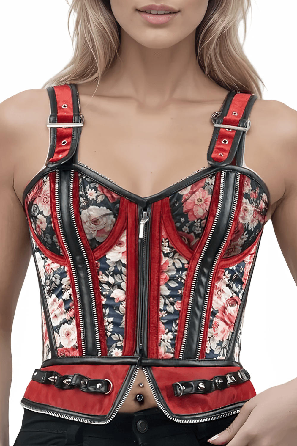 Floral Overbust Corset with Red Rose and Velvet Accents featuring floral print, red velvet trims, and faux leather details.