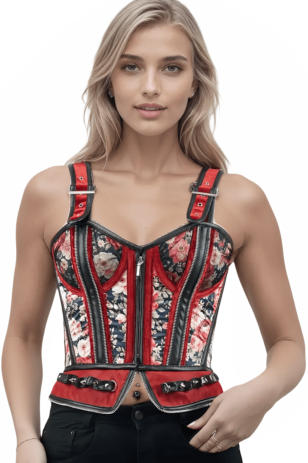 Floral Overbust Corset with Red Rose and Velvet Accents, featuring gothic rose print and velvet detailing.
