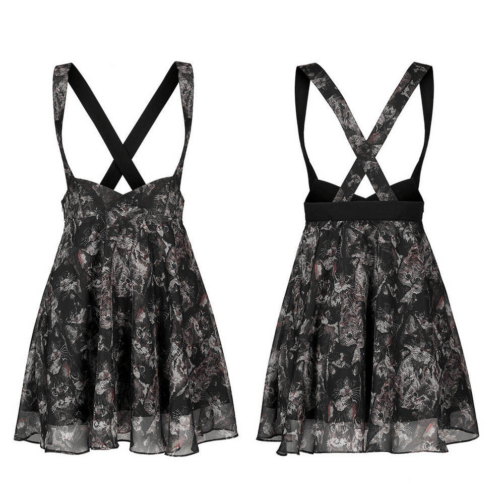 Floral print A-line skirt with cat-ear straps and criss-cross back design, made from delicate chiffon fabric.