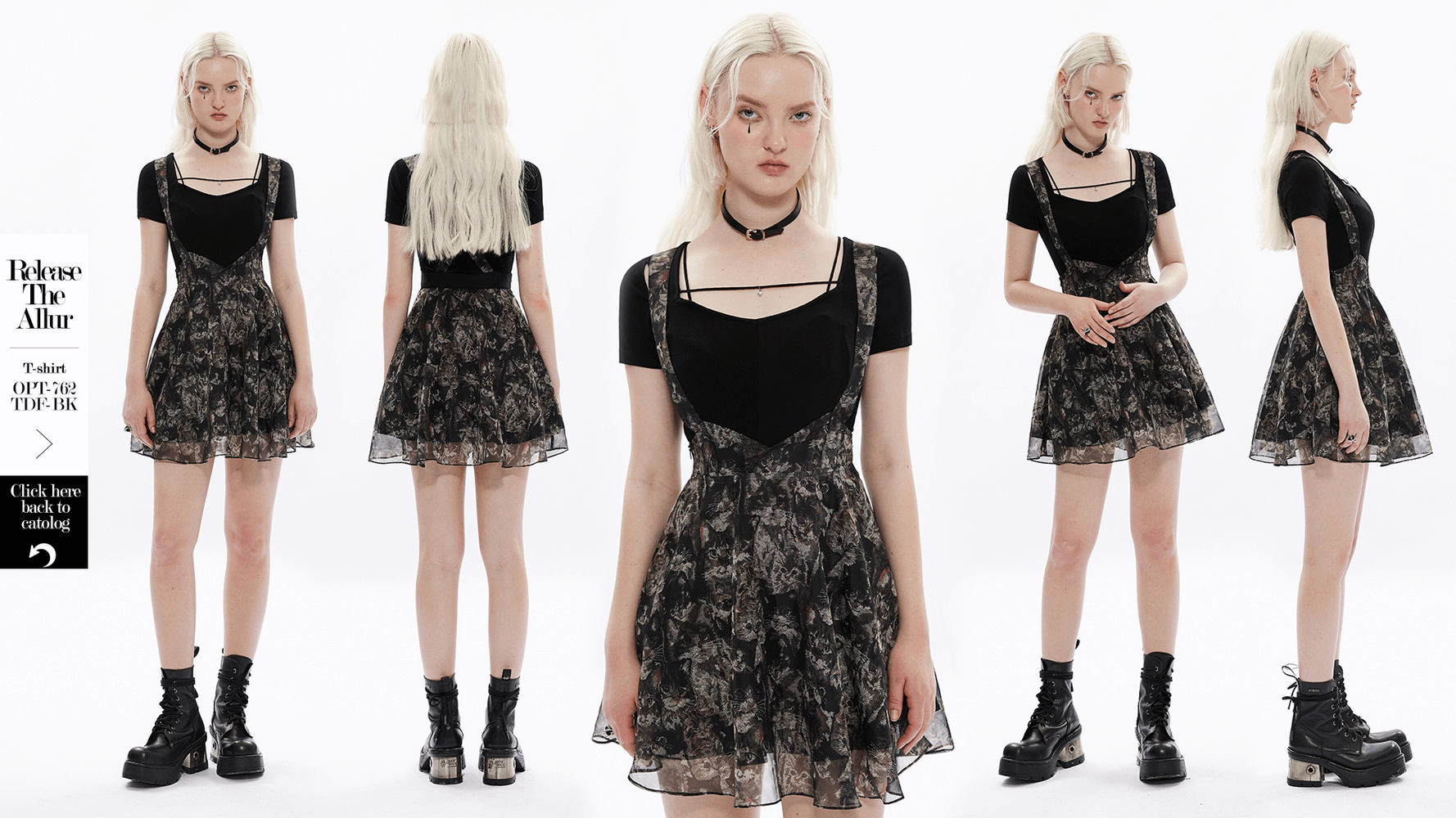 Model showcasing a black floral A-line dress with sheer layers and a stylish black top, exuding playful elegance.