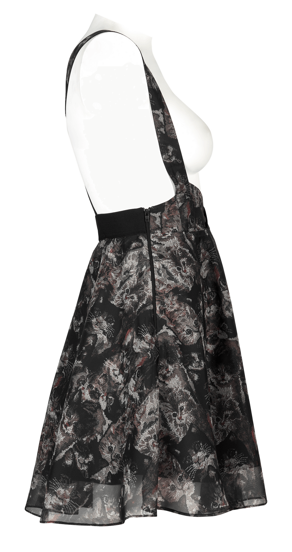 Floral print A-line skirt with cat-ear straps and chiffon gauze hem in black and pink.
