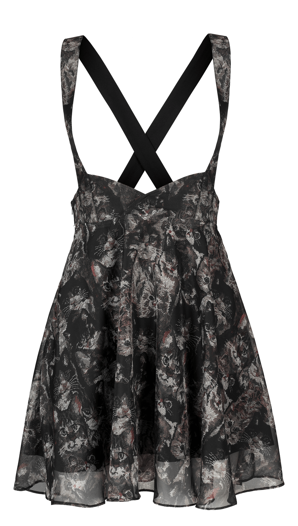 Floral print A-line skirt with cat-ear detail and criss-cross straps, perfect for whimsical fashion lovers.