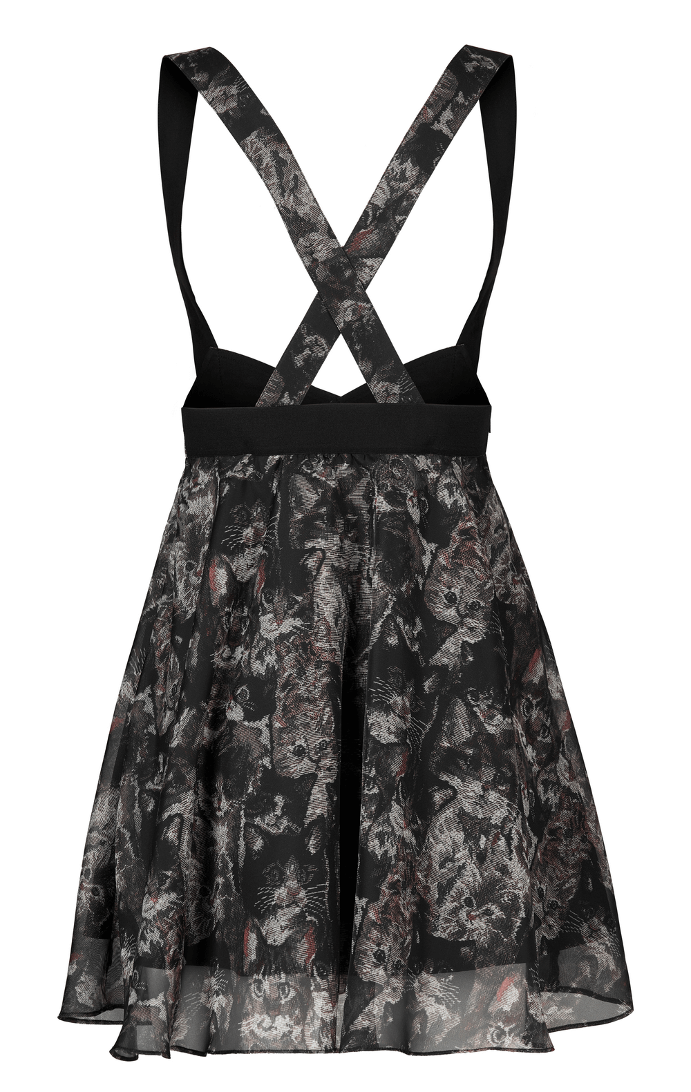 Floral print A-line skirt with criss-cross back and cat-ear detail, featuring a breezy chiffon hem.