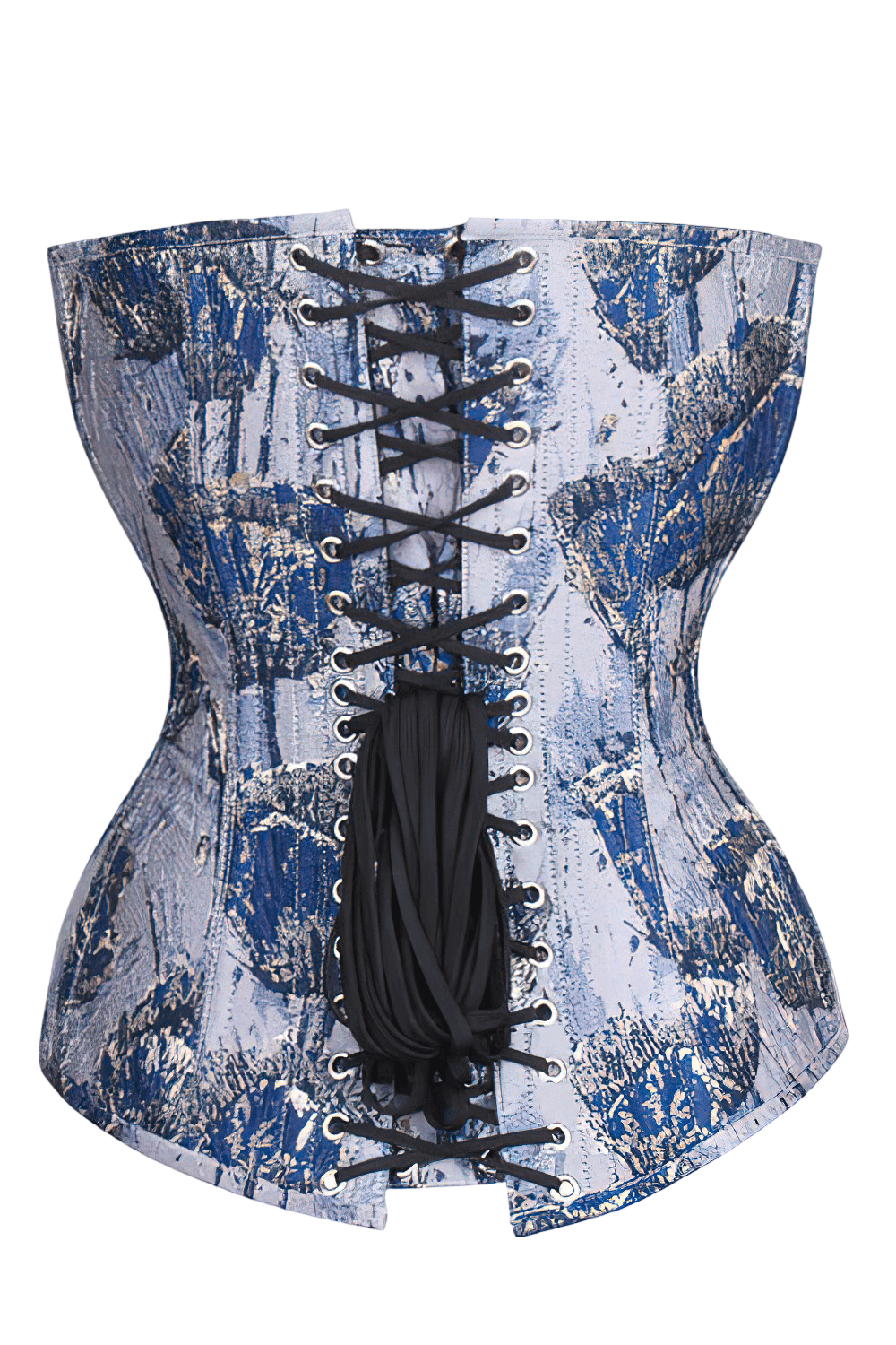 Elegant floral print overbust corset with steel boning and long back lacing for a dramatic silhouette.