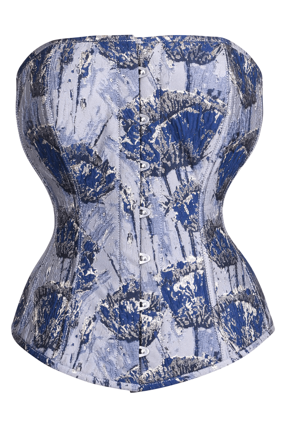 Floral print overbust corset with steel boning, featuring a bold blue and silver design and long back lacing for an elegant fit.