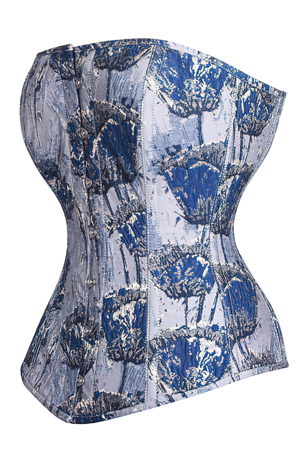 Elegant floral print overbust corset with steel boning and adjustable lacing for a sophisticated silhouette.