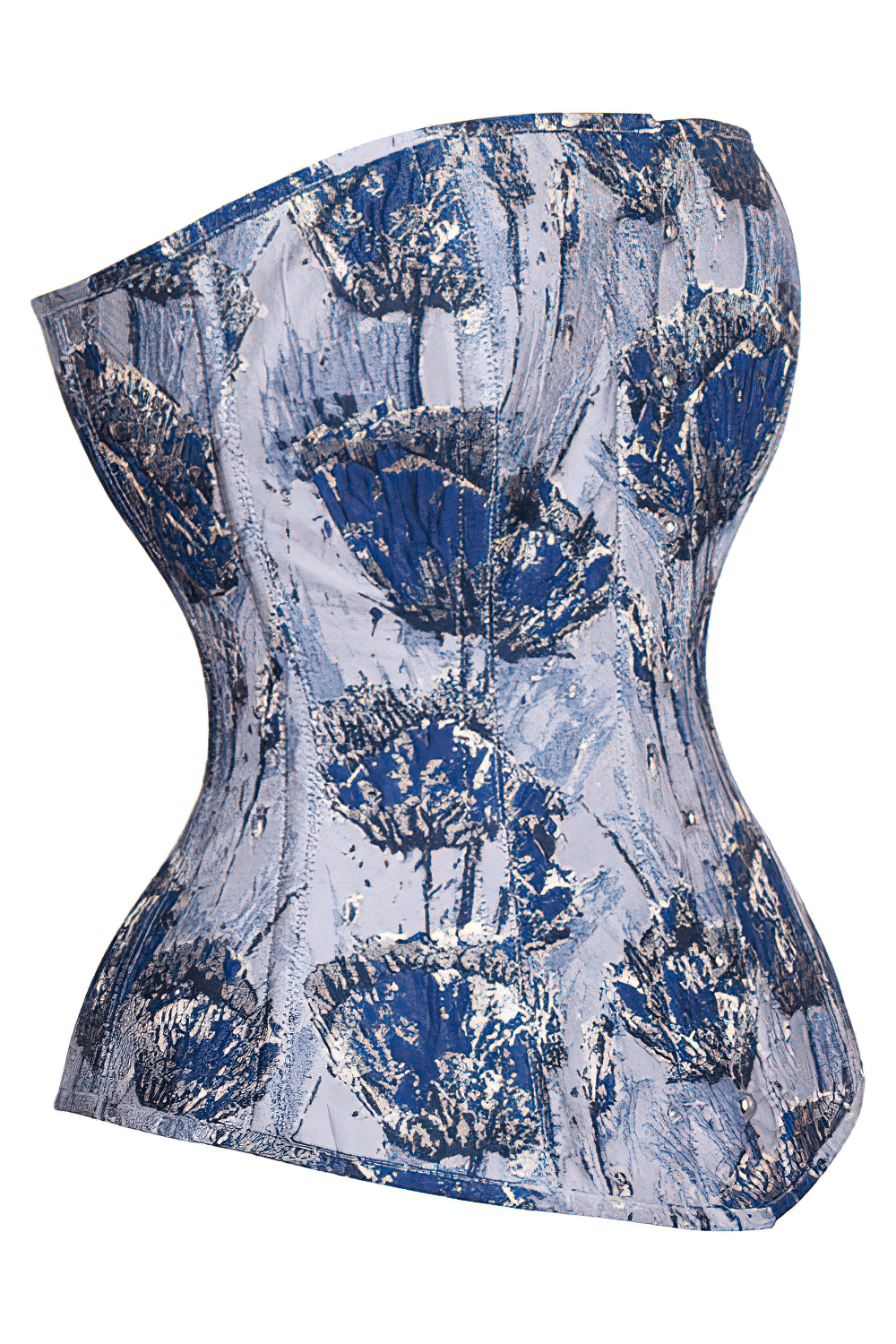 Elegant floral print overbust corset with steel boning and long lacing for a sophisticated silhouette.