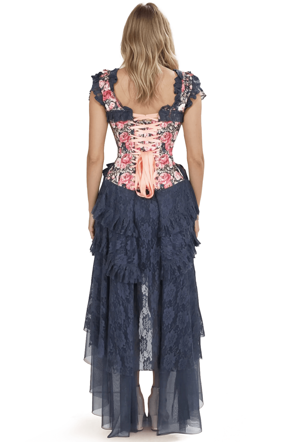 Elegant back view of Floral Satin Corset Dress with layered lace skirt, perfect for special occasions.