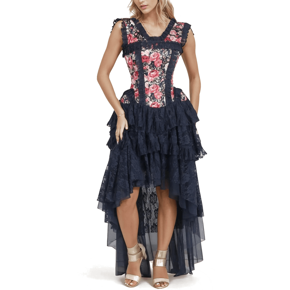 Floral satin corset dress with layered lace skirt, perfect for elegant evening events.
