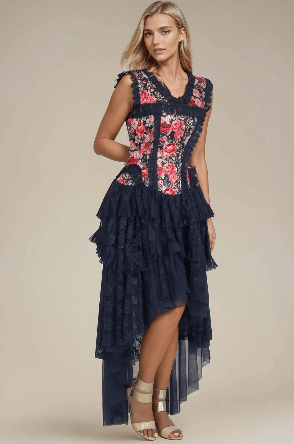 Floral satin corset dress with layered lace skirt, perfect for elegant evening occasions.