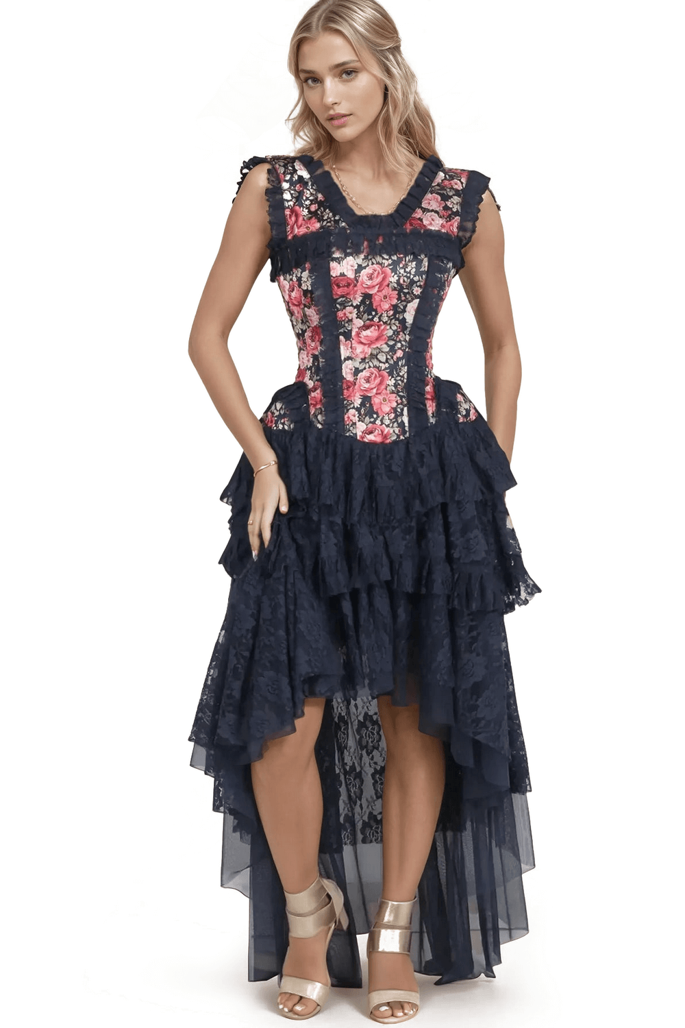 Floral satin corset dress with lace skirt, featuring a midnight garden print and elegant layered design.