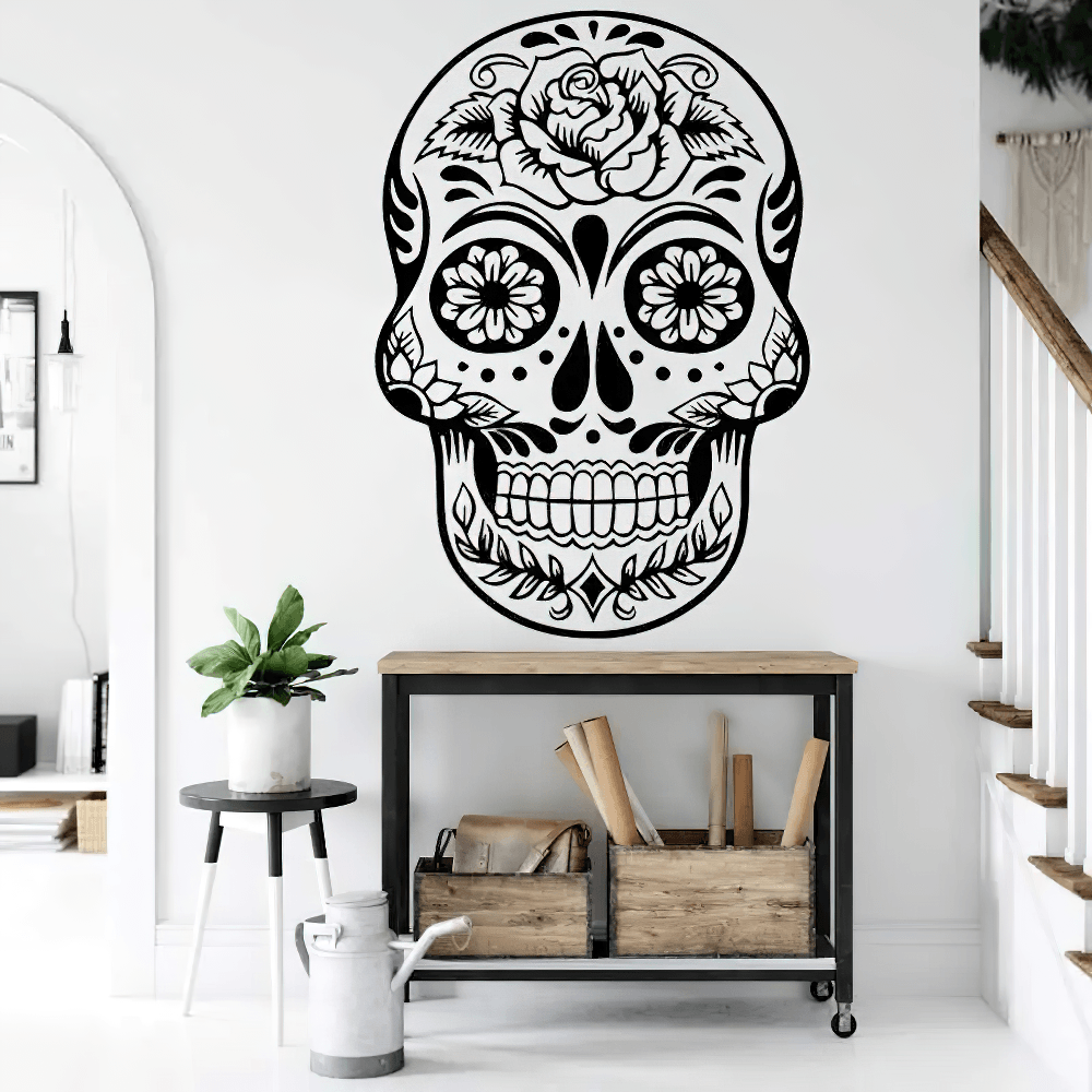 Floral Sugar Skull Vinyl Wall Sticker for Gothic Decor on a stylish wall, featuring intricate floral designs.