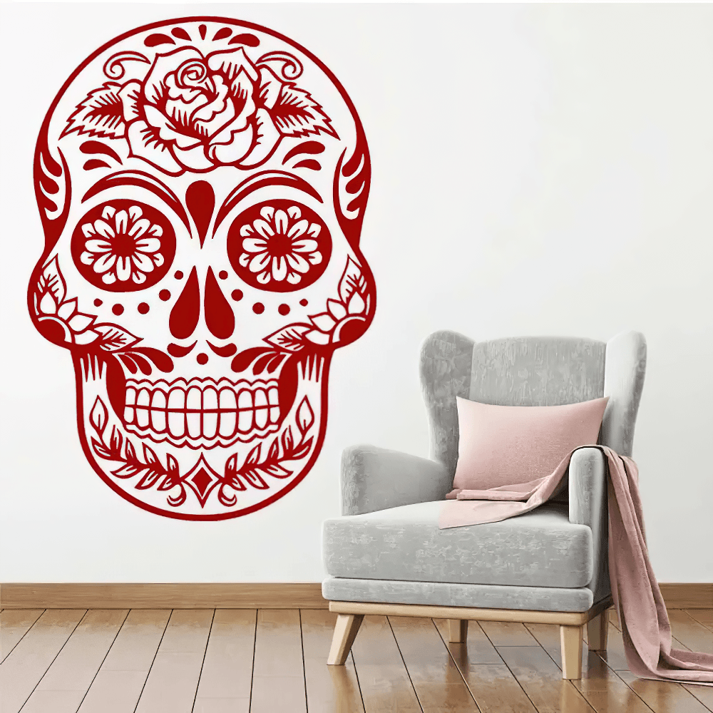 Floral Sugar Skull Vinyl Wall Sticker for Gothic Decor showcased on a modern wall, adding vibrant style to home interiors.
