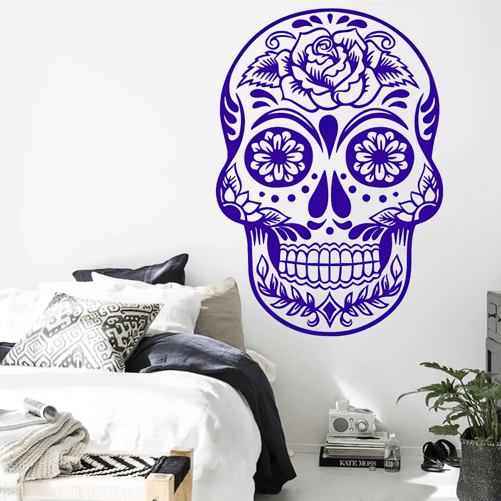 Floral Sugar Skull Vinyl Wall Sticker for Gothic Decor in a stylish bedroom, featuring floral designs and dramatic details.