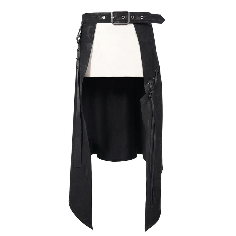 Stylish steampunk black kilt with decorative lacing and belt for men, perfect for a unique fashion statement.