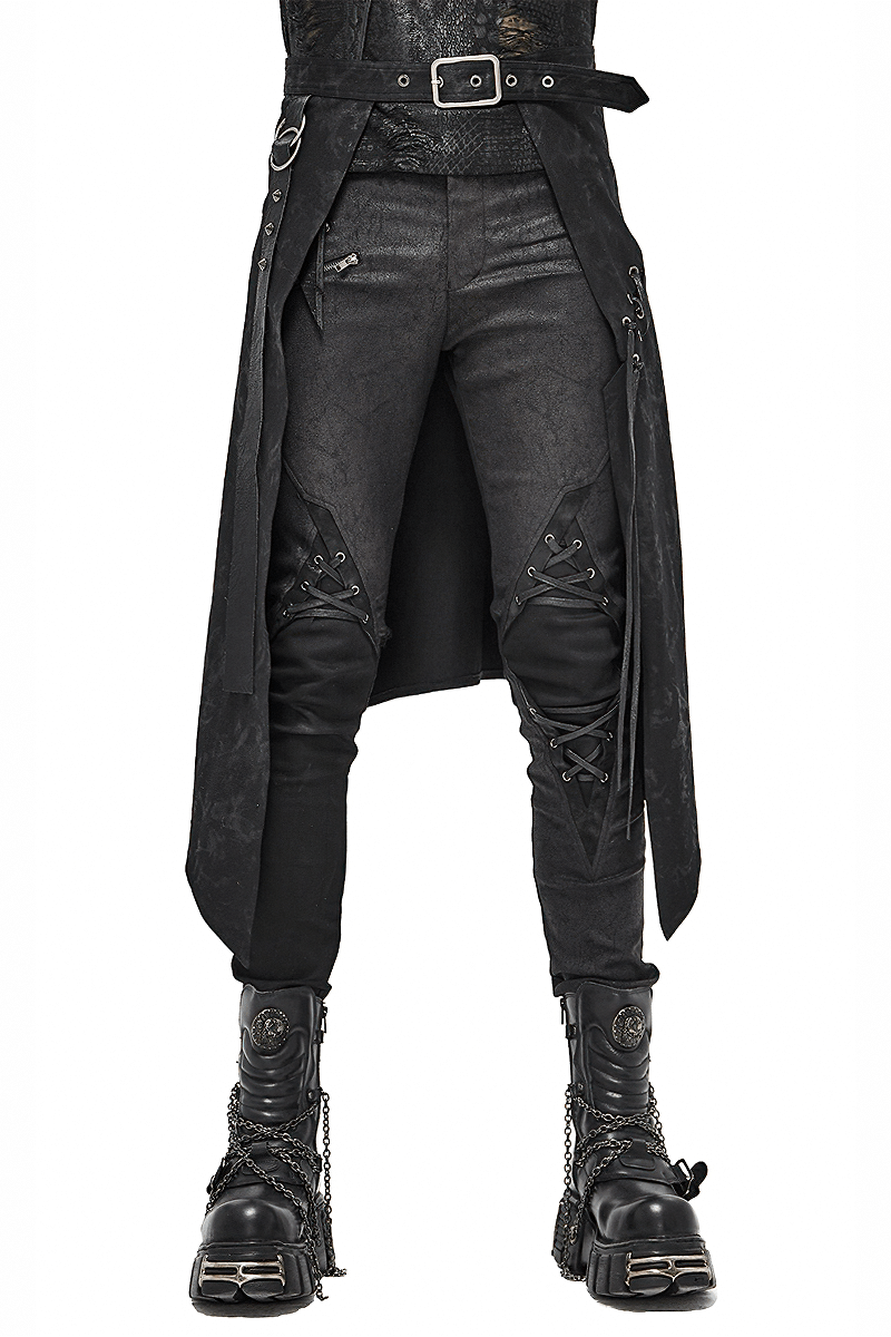 Men's black steampunk kilt with decorative lacing and belt, paired with edgy black boots.