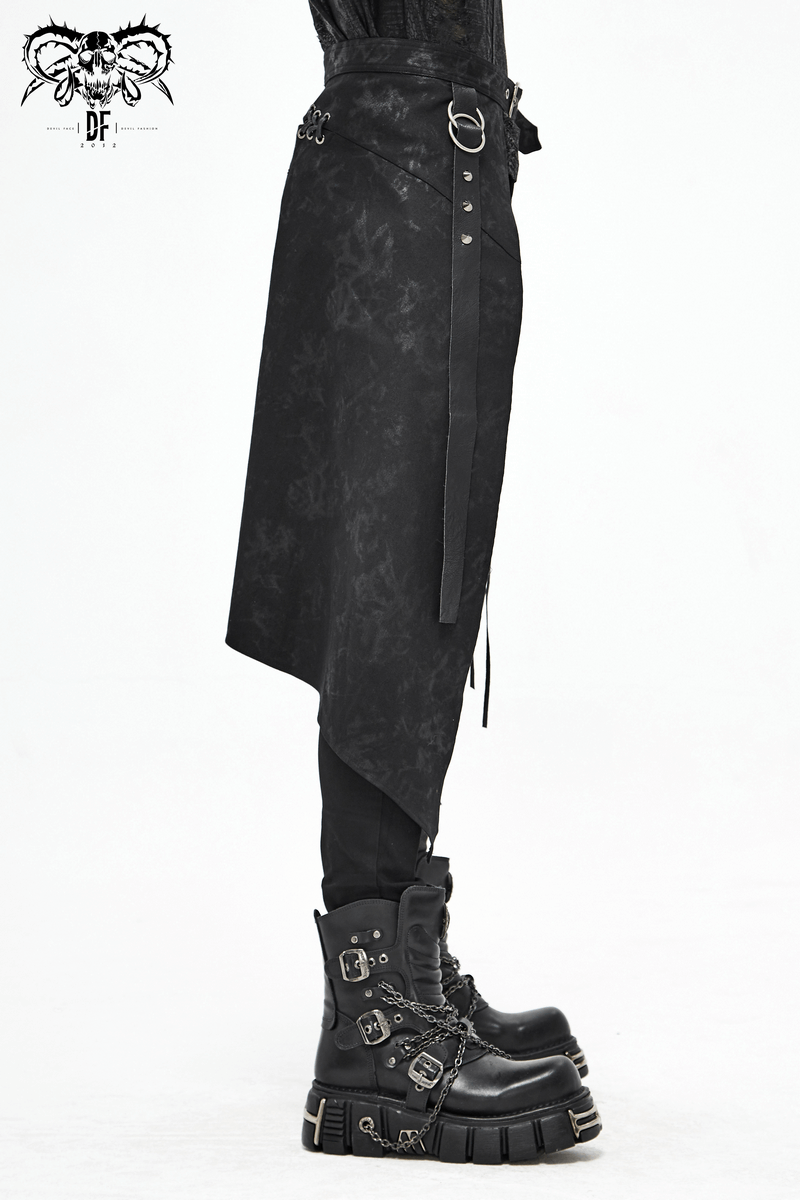 Men's black steampunk kilt with decorative lacing, paired with edgy black combat boots, showcasing a unique style.