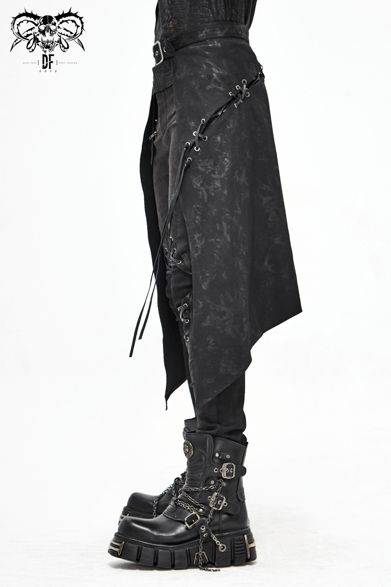 Stylish black steampunk kilt featuring decorative lacing, paired with edgy combat boots for a bold look.