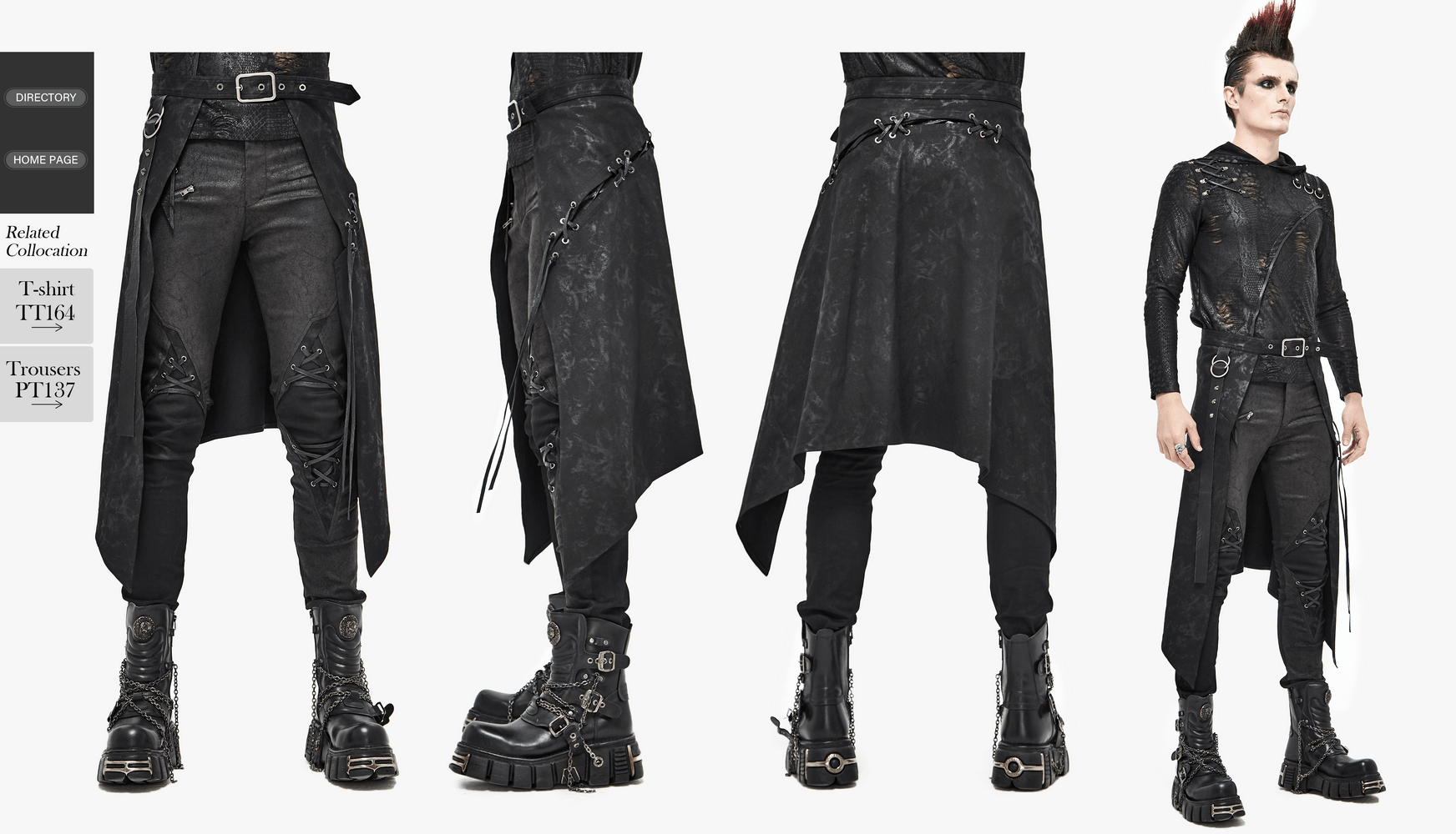 Stylish steampunk men's kilt with decorative lacing, paired with edgy black pants and sturdy boots.