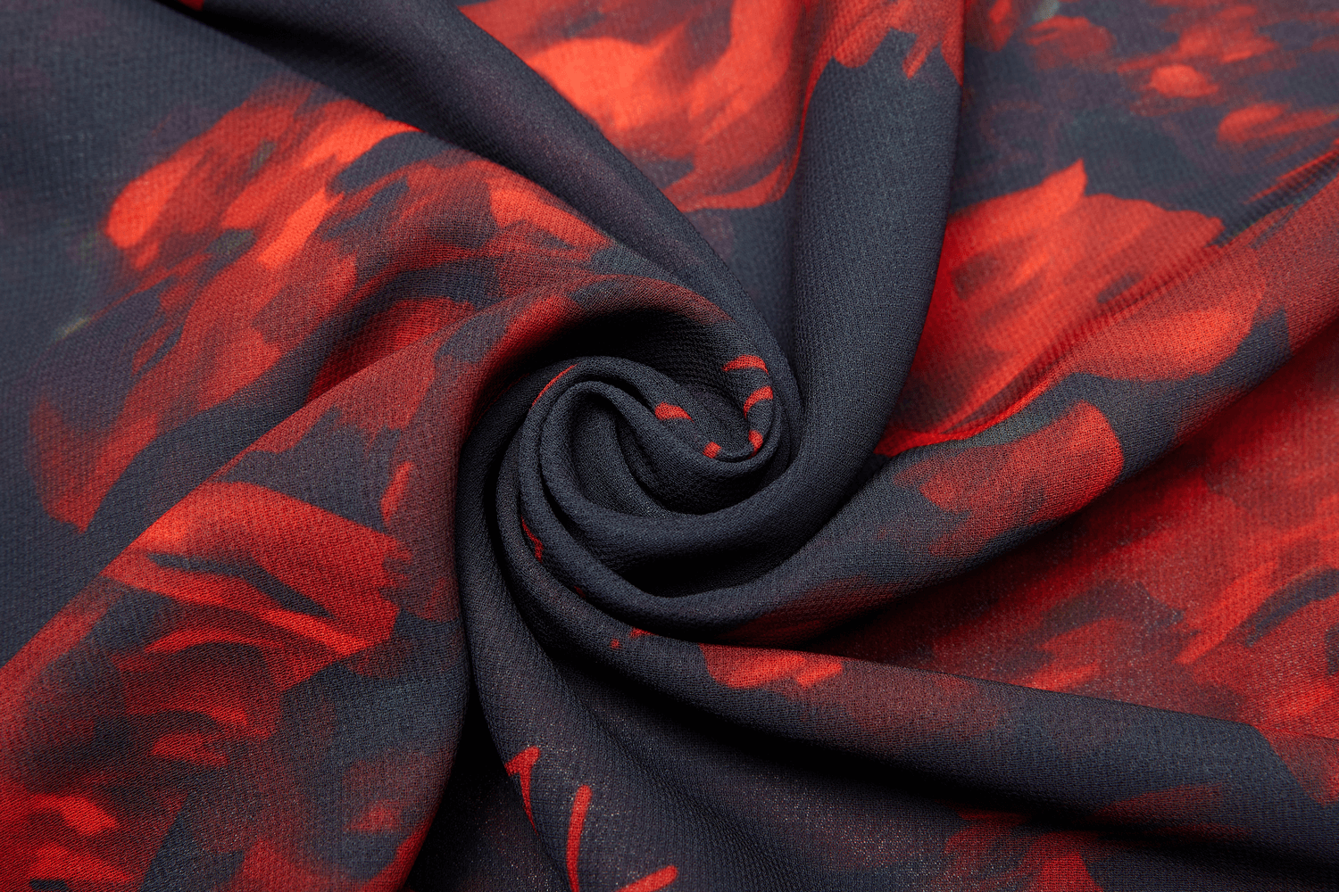 Close-up of dark floral fabric with red roses, perfect for a flowy punk rave high-low skirt.