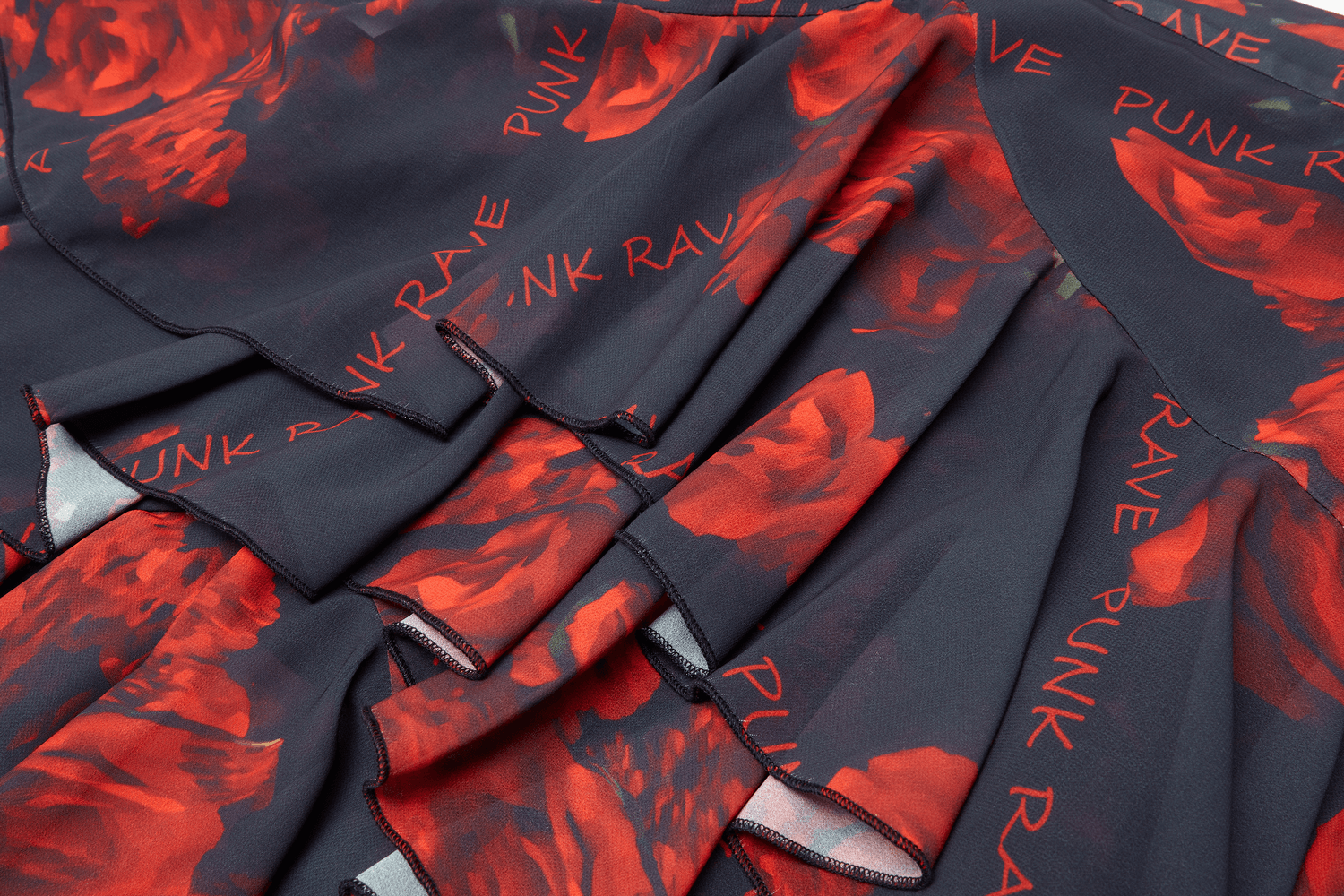 Flowy Punk Rave high-low floral skirt showcasing layered chiffon with red rose prints.