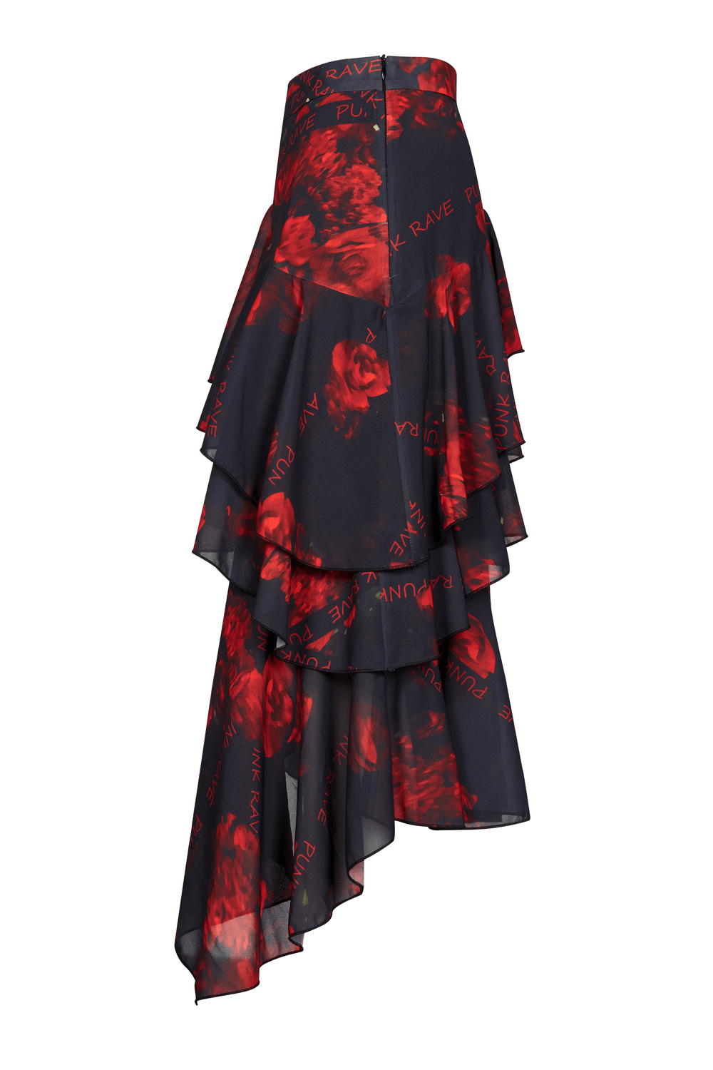Flowy Punk Rave high-low floral skirt with layered hem and rose print, perfect for a bold, edgy look.