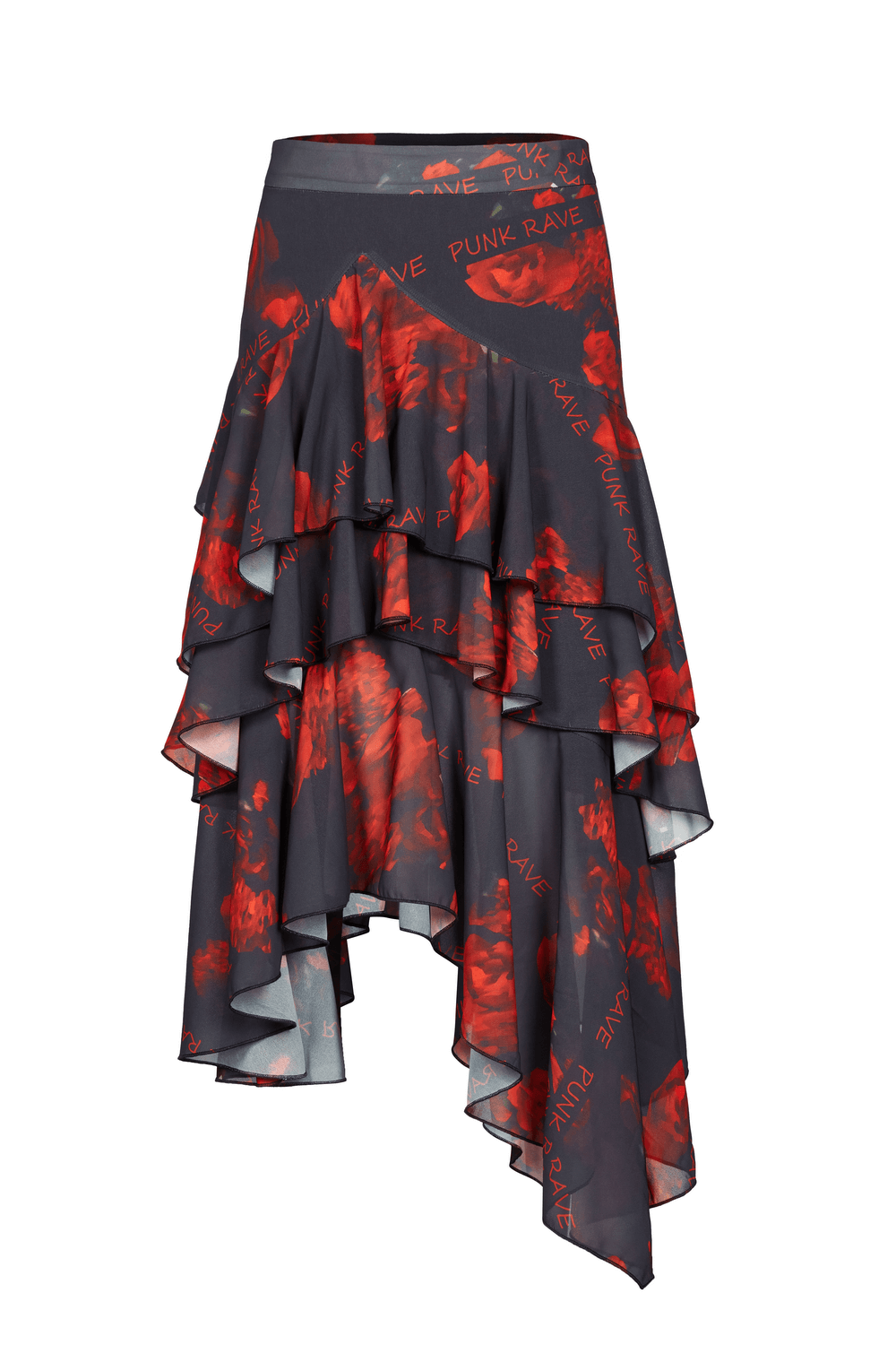 Flowy Punk Rave high-low floral layered skirt with dark rose pattern and asymmetric hem.