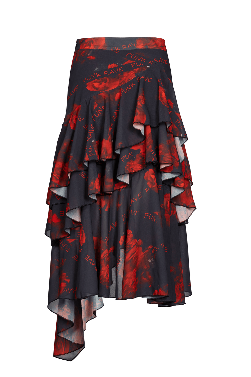 Flowy Punk Rave high-low floral skirt with layered design and asymmetric hem for an edgy look.