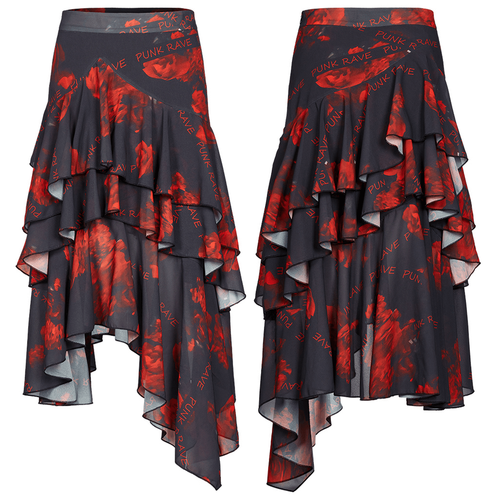 High-low floral layered skirt by Punk Rave in dark tones with red flowers and ruffled design, perfect for edgy fashion.
