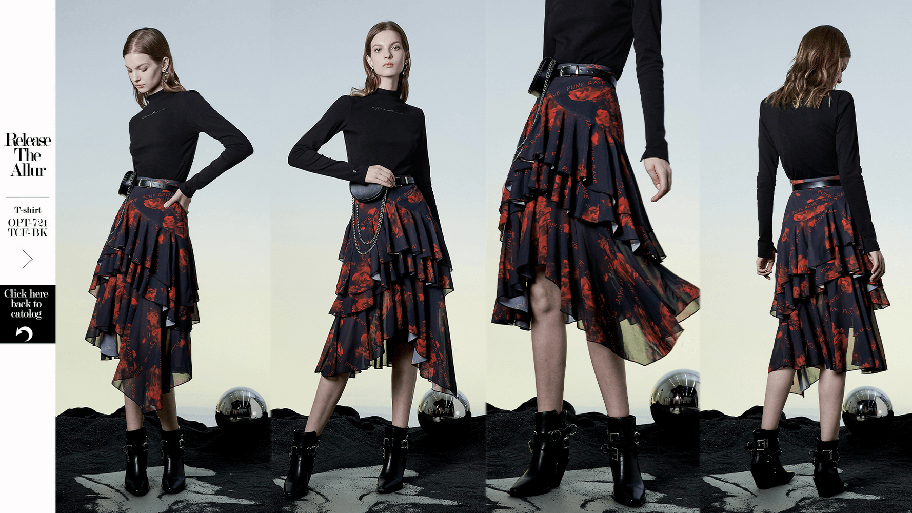 Flowy Punk Rave high-low floral layered skirt showcasing a model in stylish black outfit with edgy layered hem.