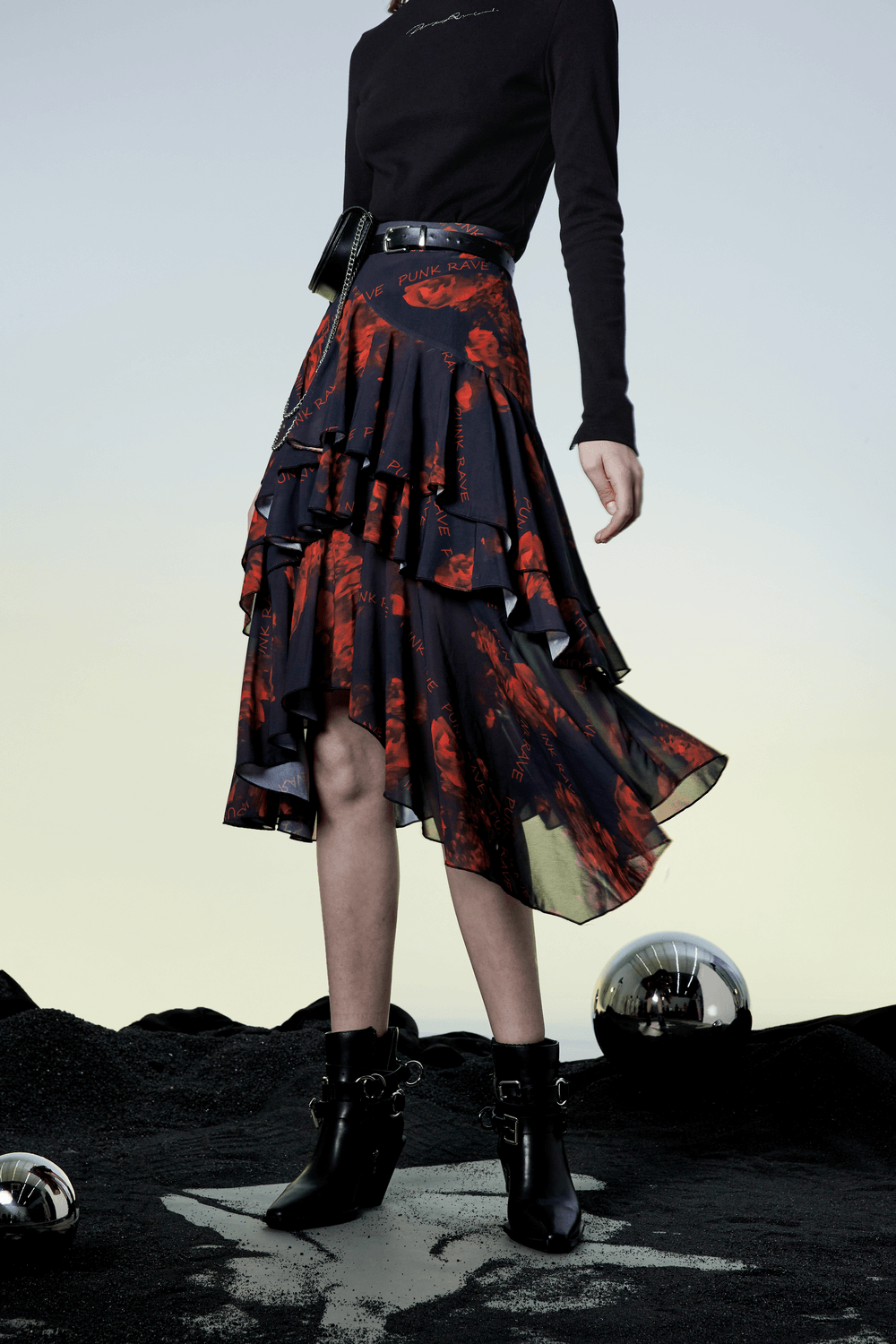 Flowy Punk Rave High-Low Floral Layered Skirt
