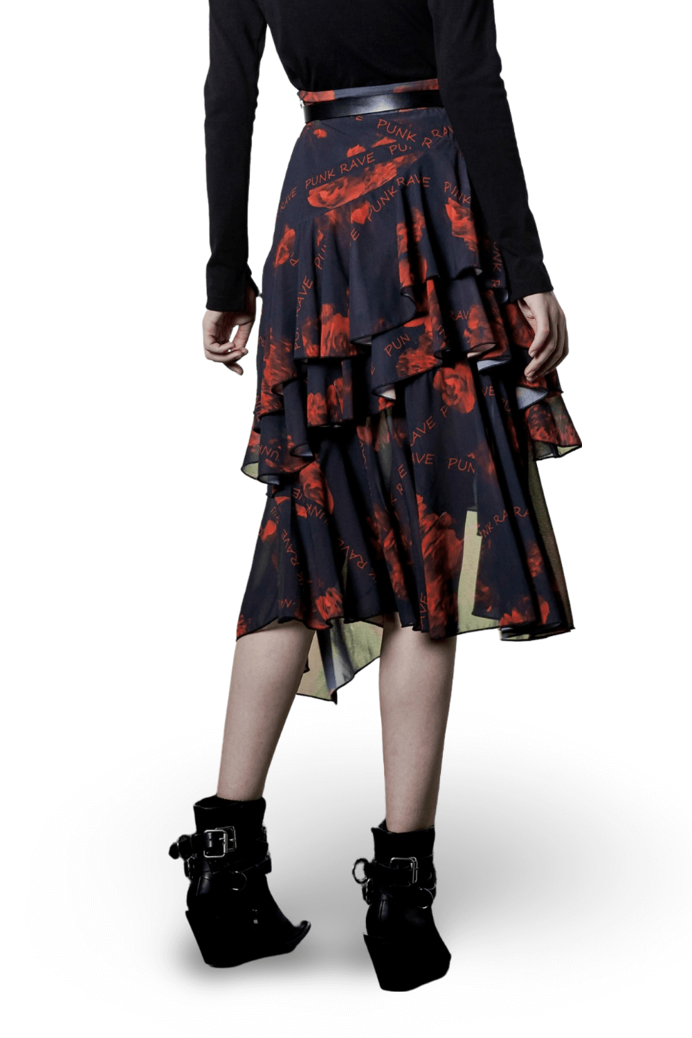 Back view of a layered high-low floral skirt by Punk Rave, showcasing a dynamic asymmetric design and edgy vibe.