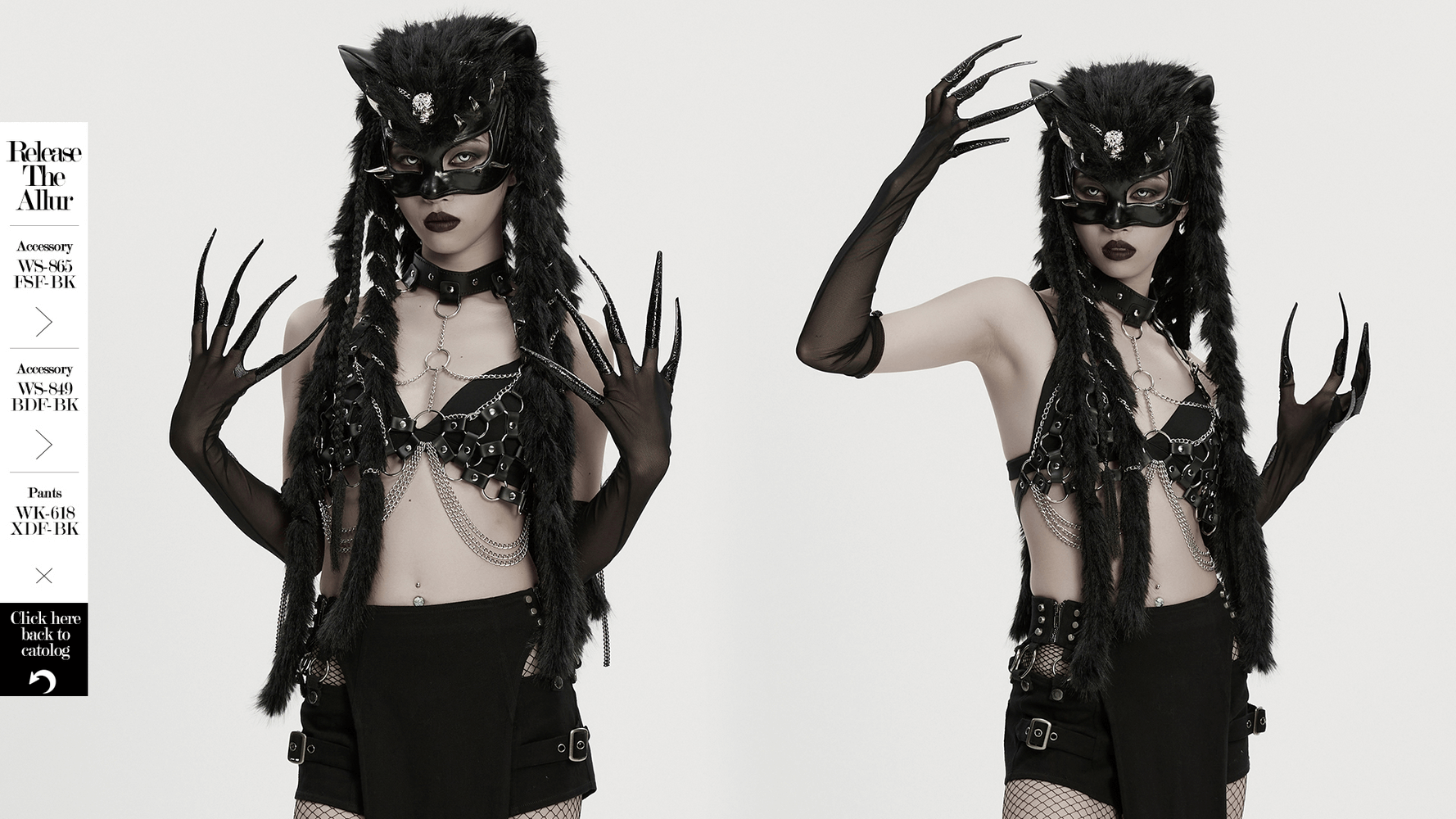Fluffy Goth Gloves with Dark Demon Finger Tips and Cuffs worn by model showcasing gothic fashion style.