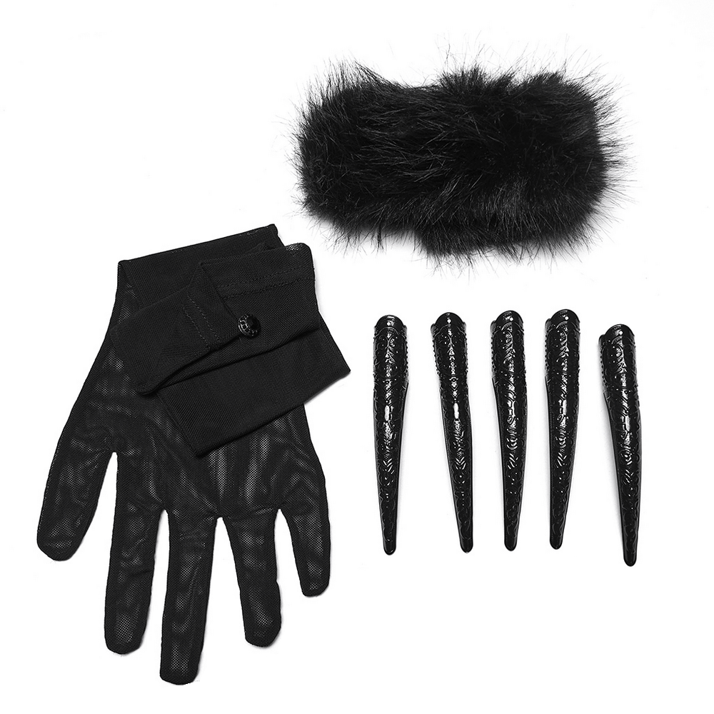 Fluffy Goth Gloves with Dark Demon Finger Tips and Cuffs, featuring soft mesh fabric and detachable fluffy cuffs.
