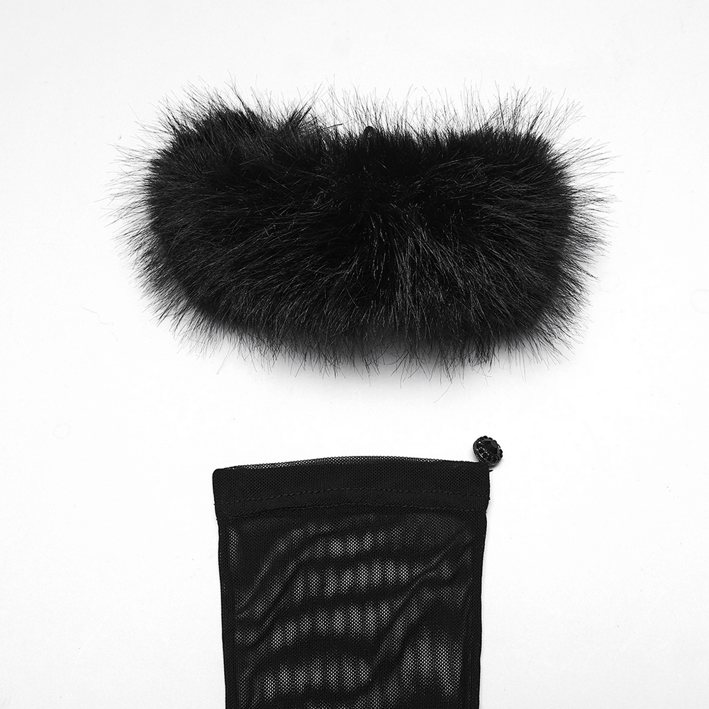 Fluffy Goth Gloves with Dark Demon Finger Tips and Cuffs detachable fluffy cuff in black mesh fabric.