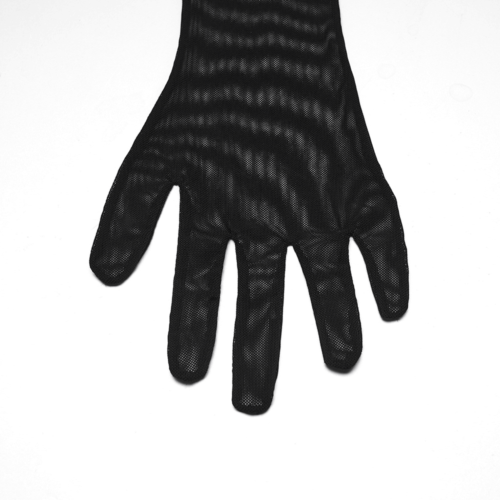 Fluffy Goth Gloves with Dark Demon Finger Tips and Cuffs showcasing a black mesh glove on a hand.