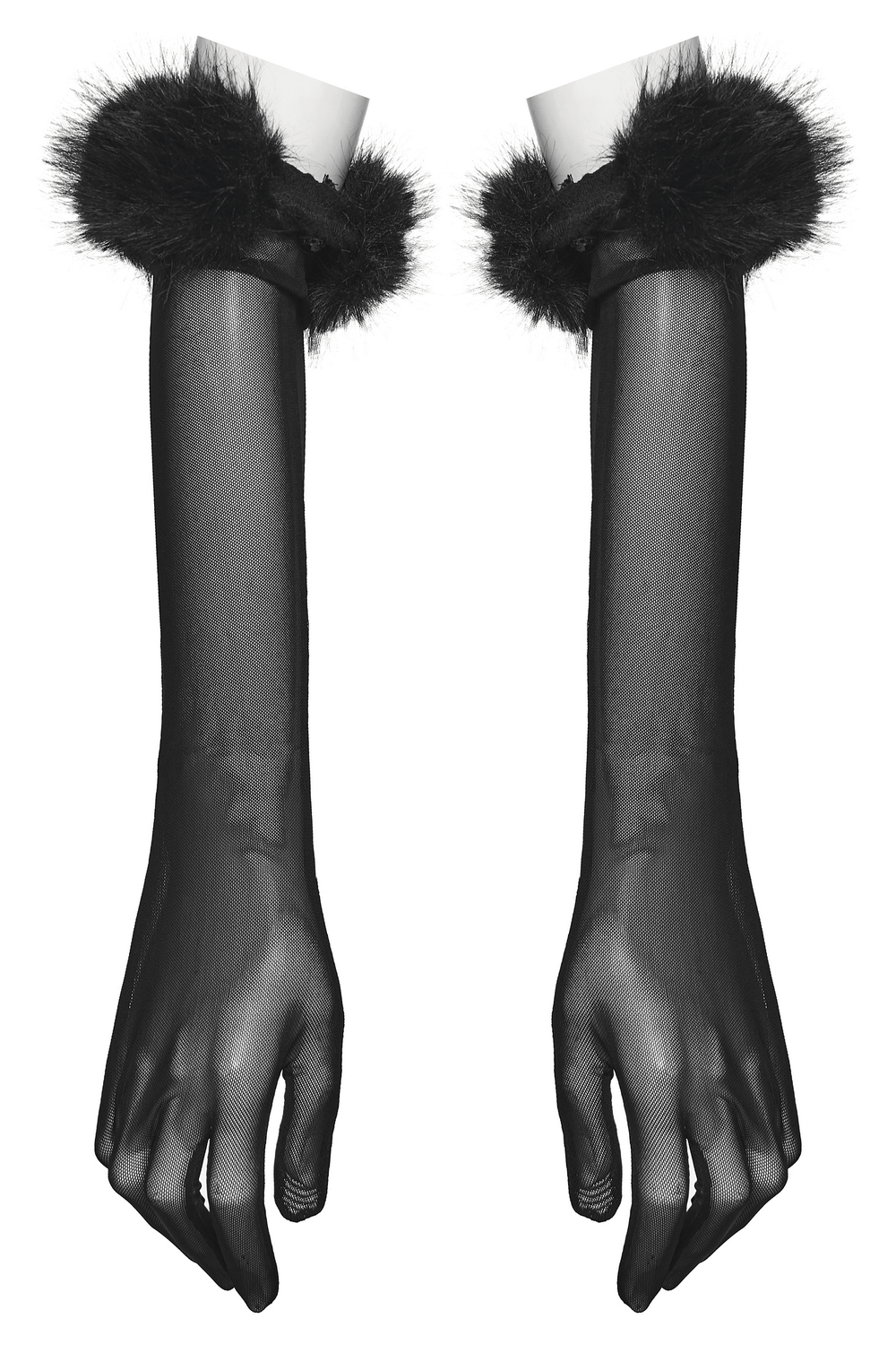Fluffy Goth Gloves with Dark Demon Finger Tips and Cuffs displayed on a mannequin, featuring fluffy black cuffs.