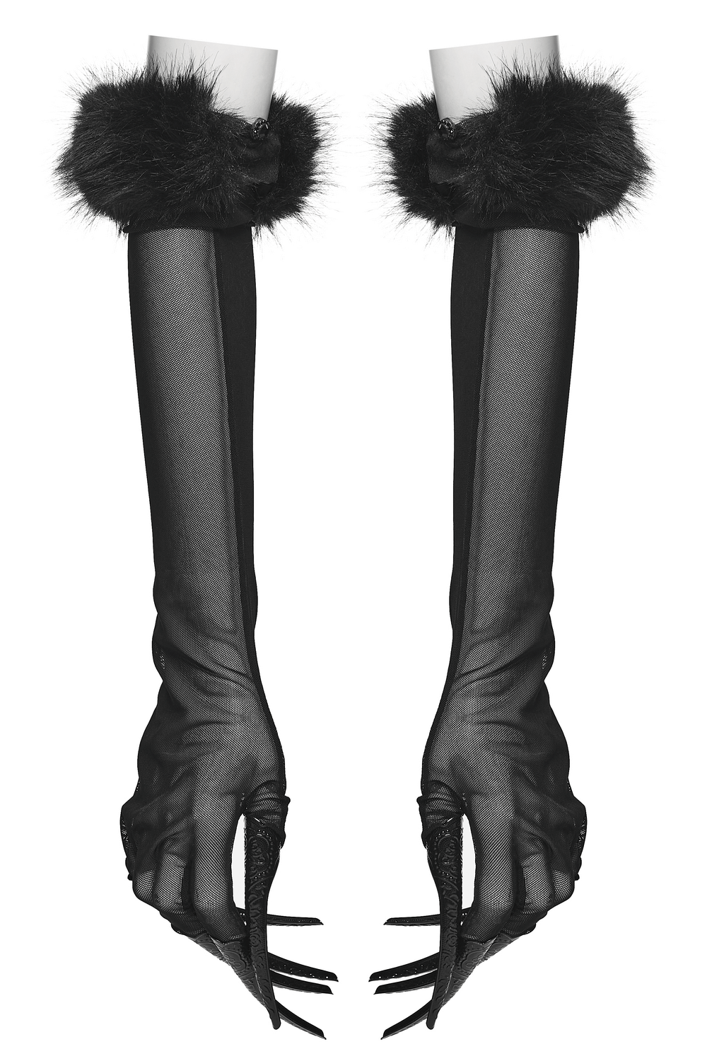 Fluffy Goth Gloves with Dark Demon Finger Tips and Cuffs showcasing mesh design and fluffy cuffs.