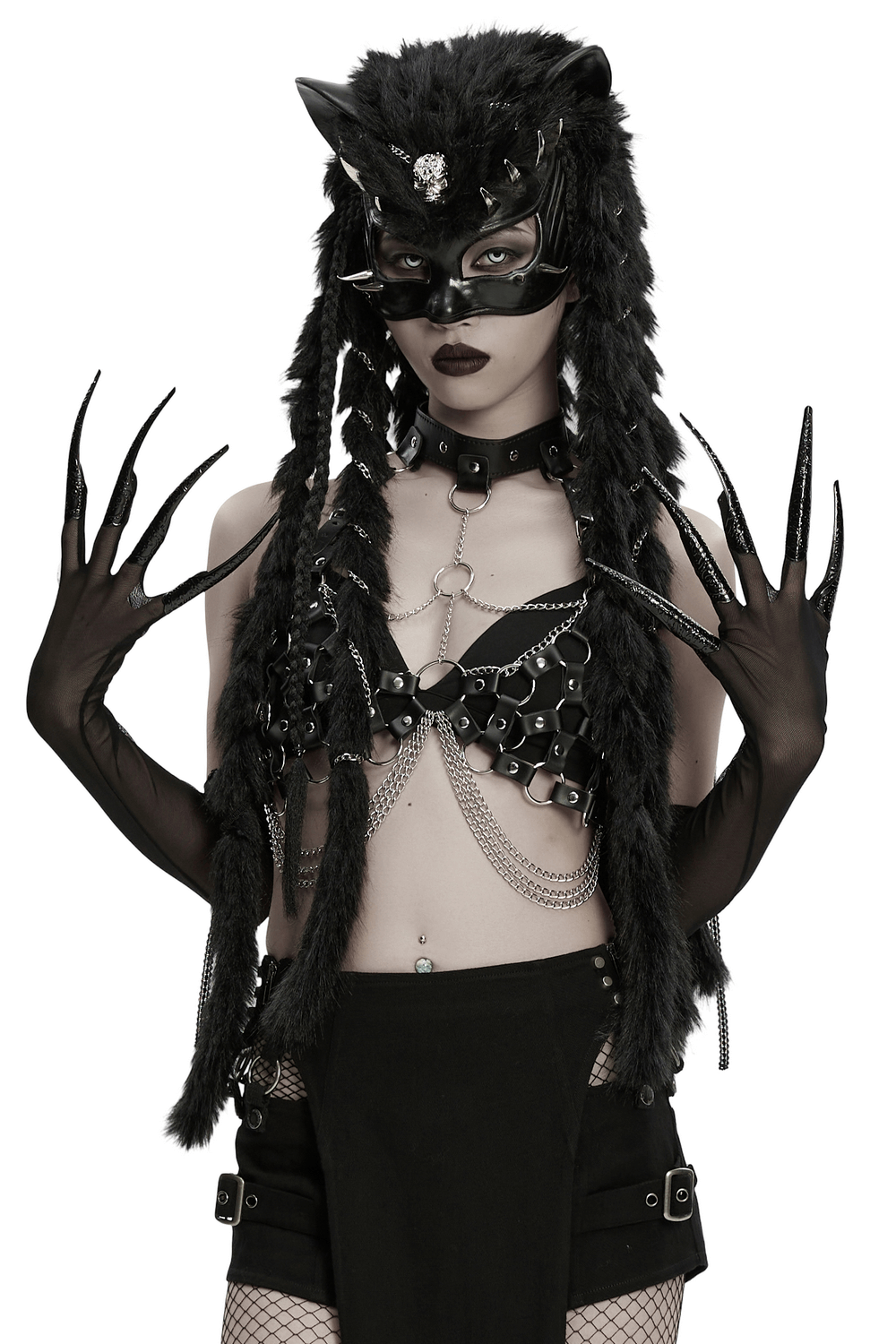Fluffy Goth Gloves with Dark Demon Finger Tips and Cuffs showcased in a gothic fashion ensemble with dramatic claws.