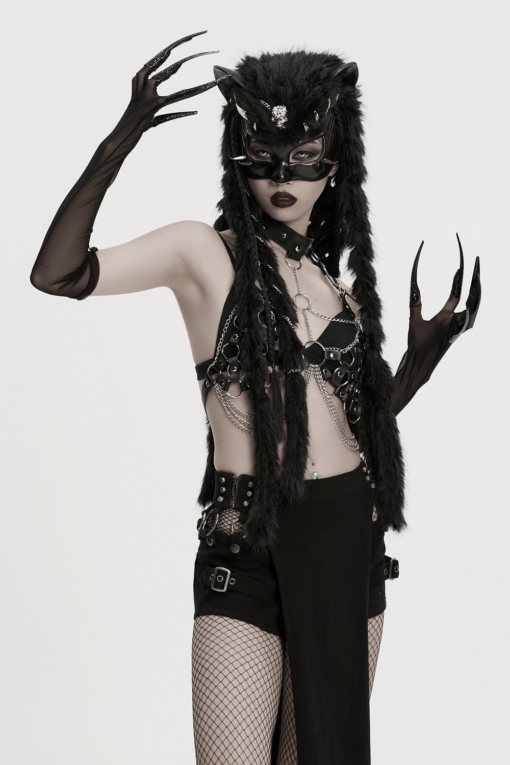 Fluffy Goth Gloves with Dark Demon Finger Tips and Cuffs showcased in a dramatic gothic fashion look.